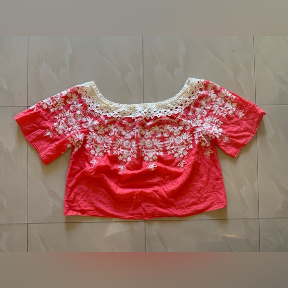 Flying Tomato Summer Tropical floral crochet orange White top plus Size 2X - Picture 15 of 16